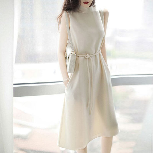 【dress】女性力を高める〜エレガントOL通勤ハーフネックノースリーブ無地韓国ファッションワンピースF2161