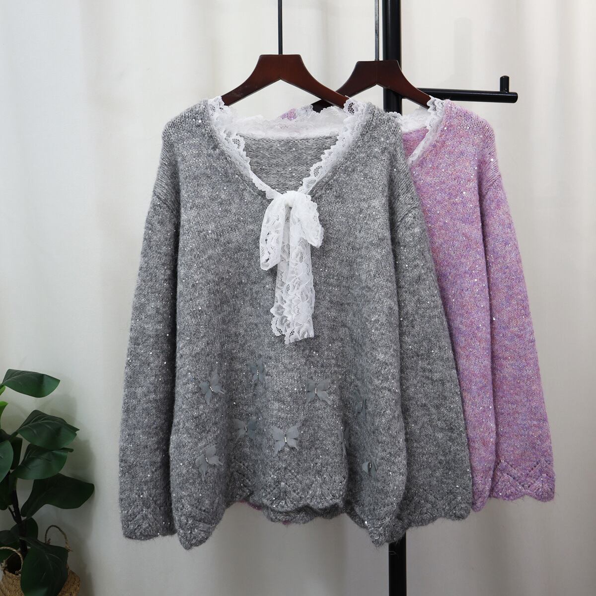 【tops】レース切り替えニットセーター　M28399