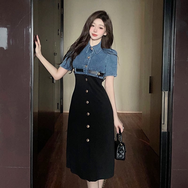 【dress】切り替えデニムAラインワンピース G21118