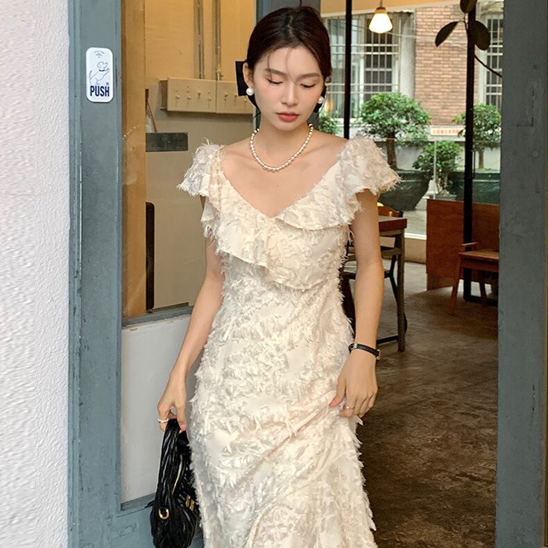 【dress】Vネックフリンジワンピース G20071