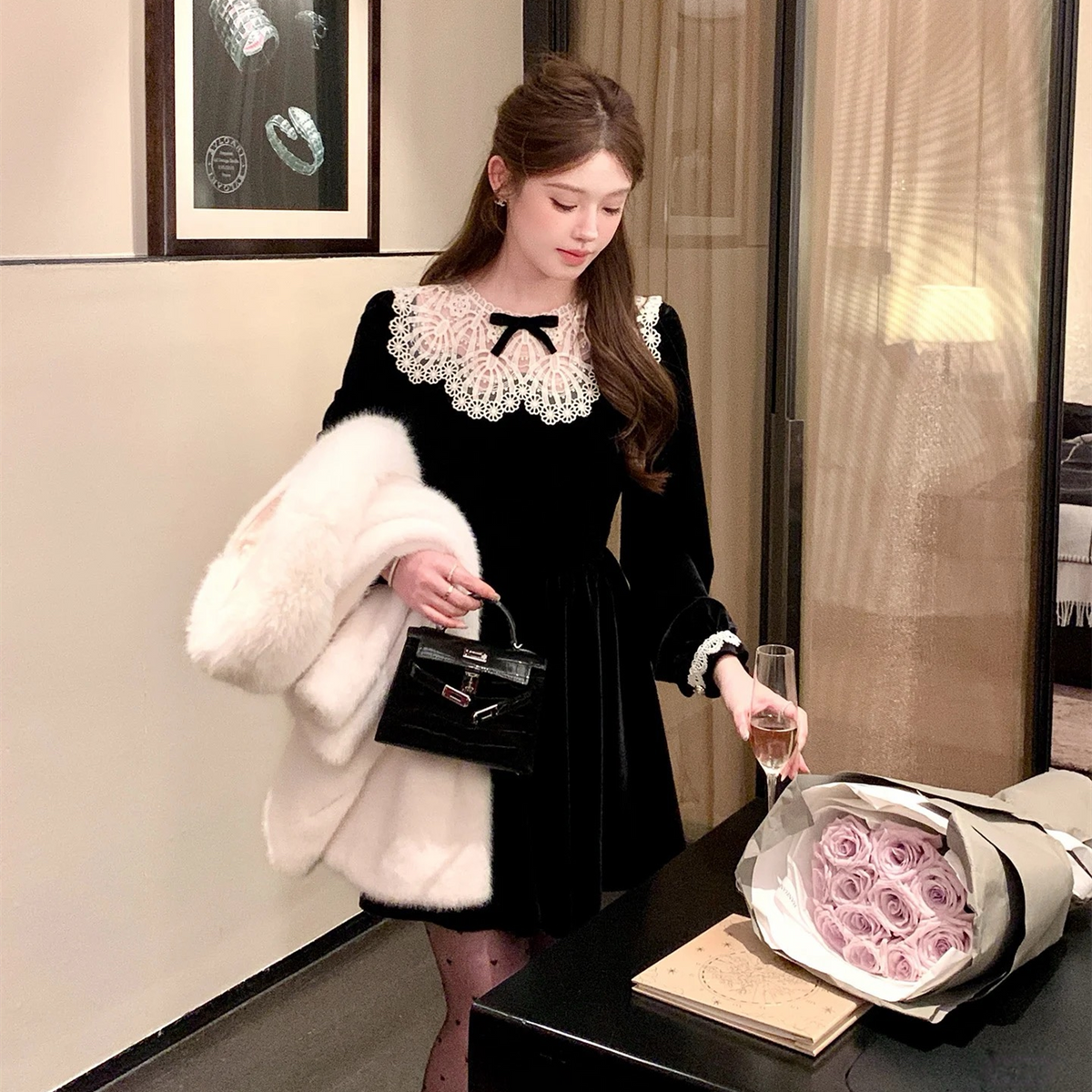 【dress】レースドッキングベロアワンピース　N3415