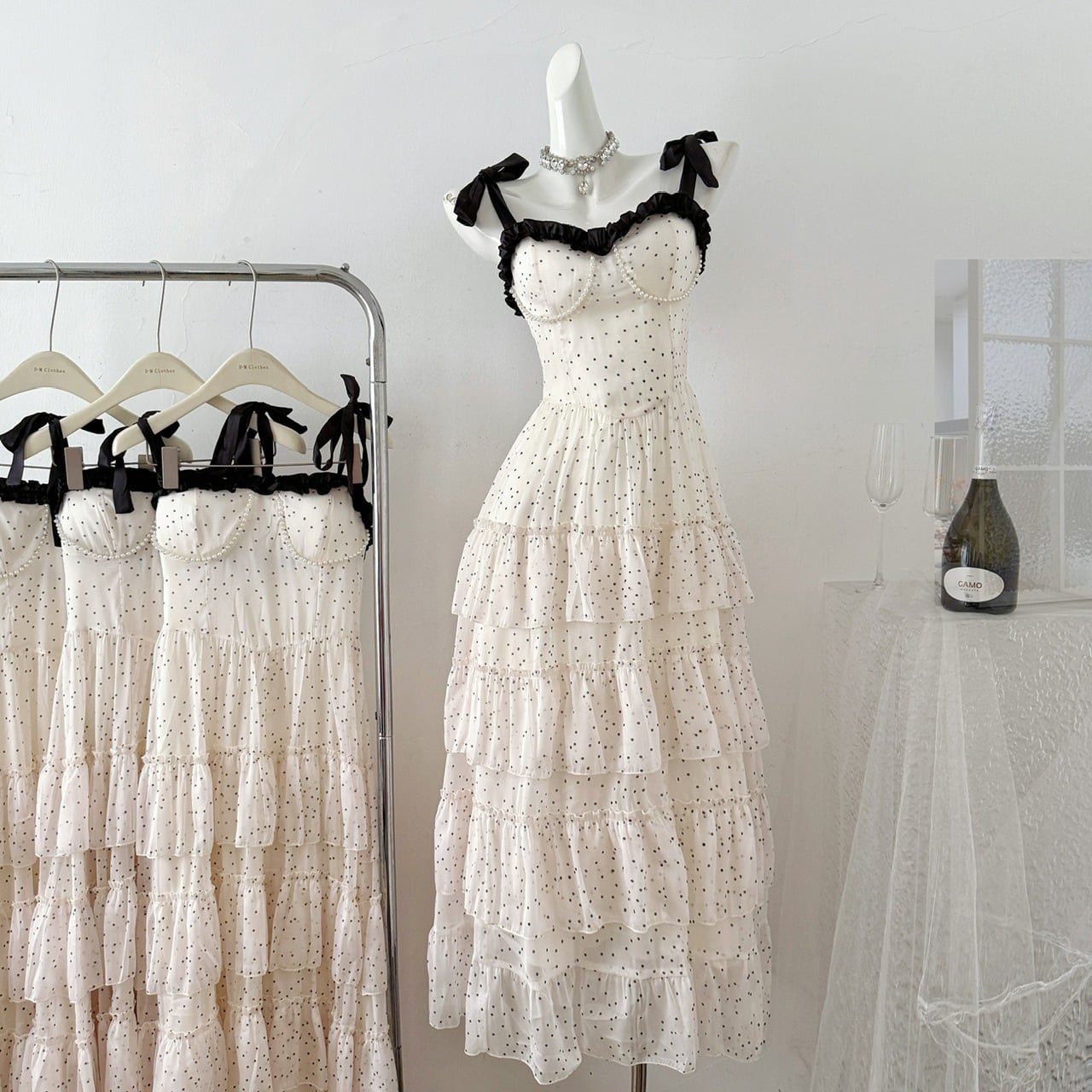 【dress】ショルダーリボンドット柄ワンピース　M32122