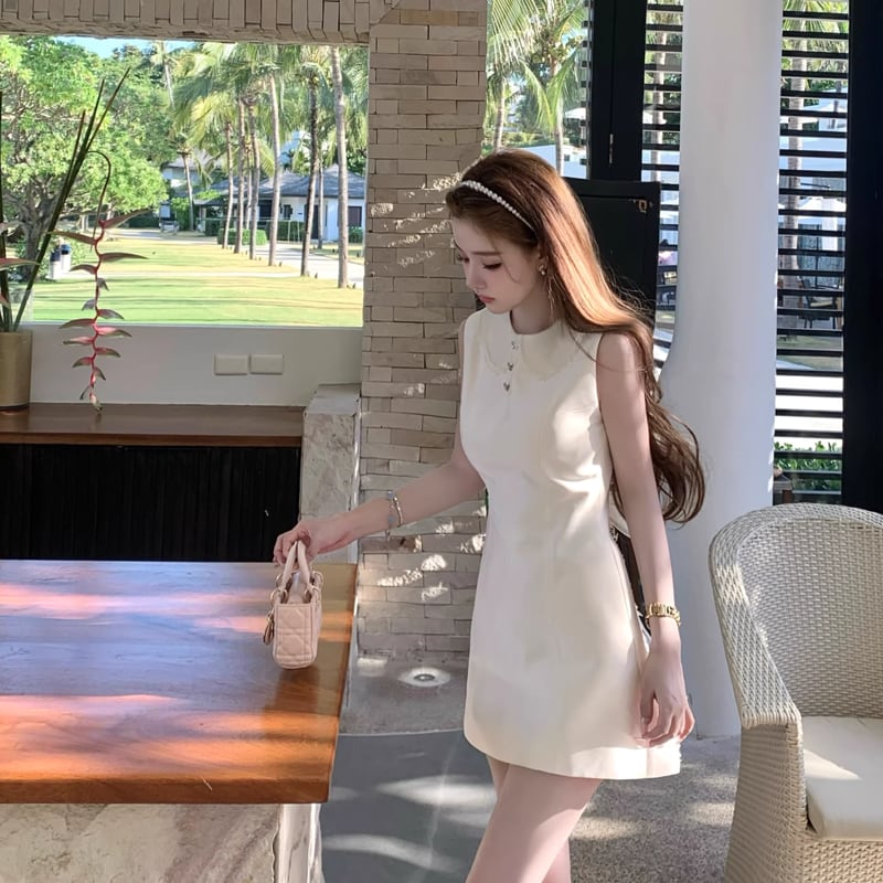 【dress】バックリボンレースドッキングミニワンピース Q8390
