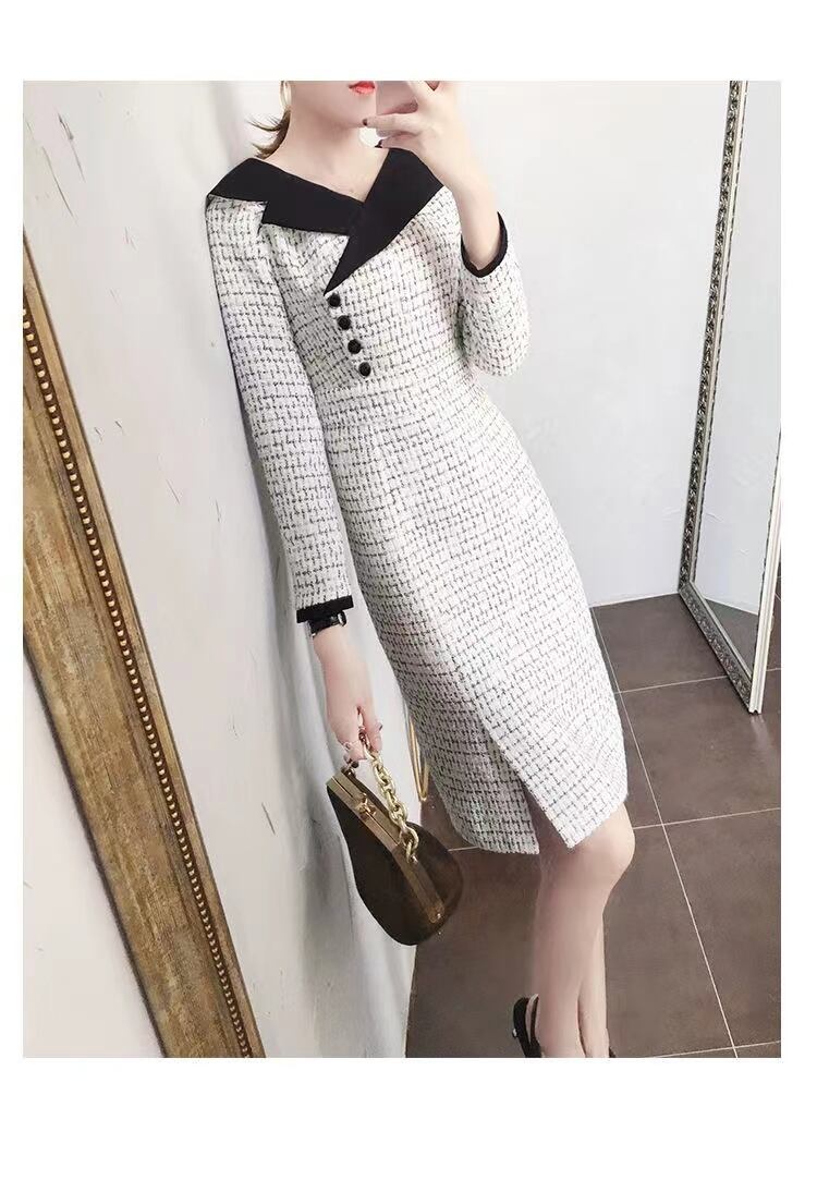 【dress】気質溢れる♪韓国風ラペル長袖スリットチェック柄体型カバー配色タイトフォーマルワンピースF1407