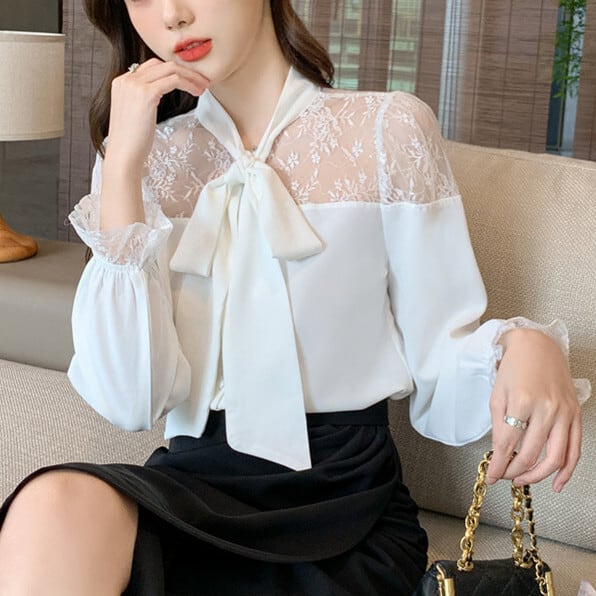 【tops】レース切り替えシャツトップス　M25165