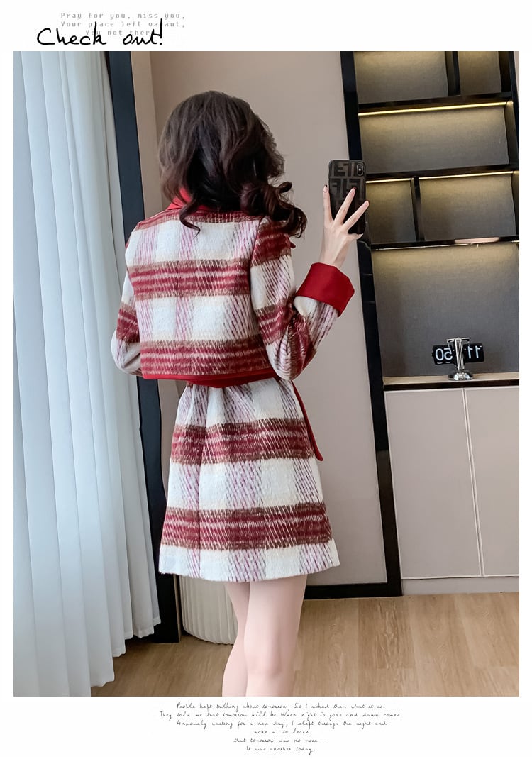 【set】チェック柄ショートコート×ベストワンピースセット　M27623