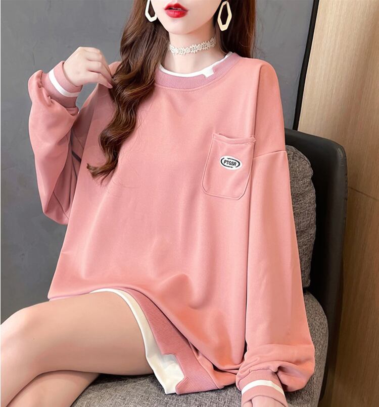 【tops】ラウンドネック長袖偽二つ切り替え英字柄ゆったり着回しパーカーF0676