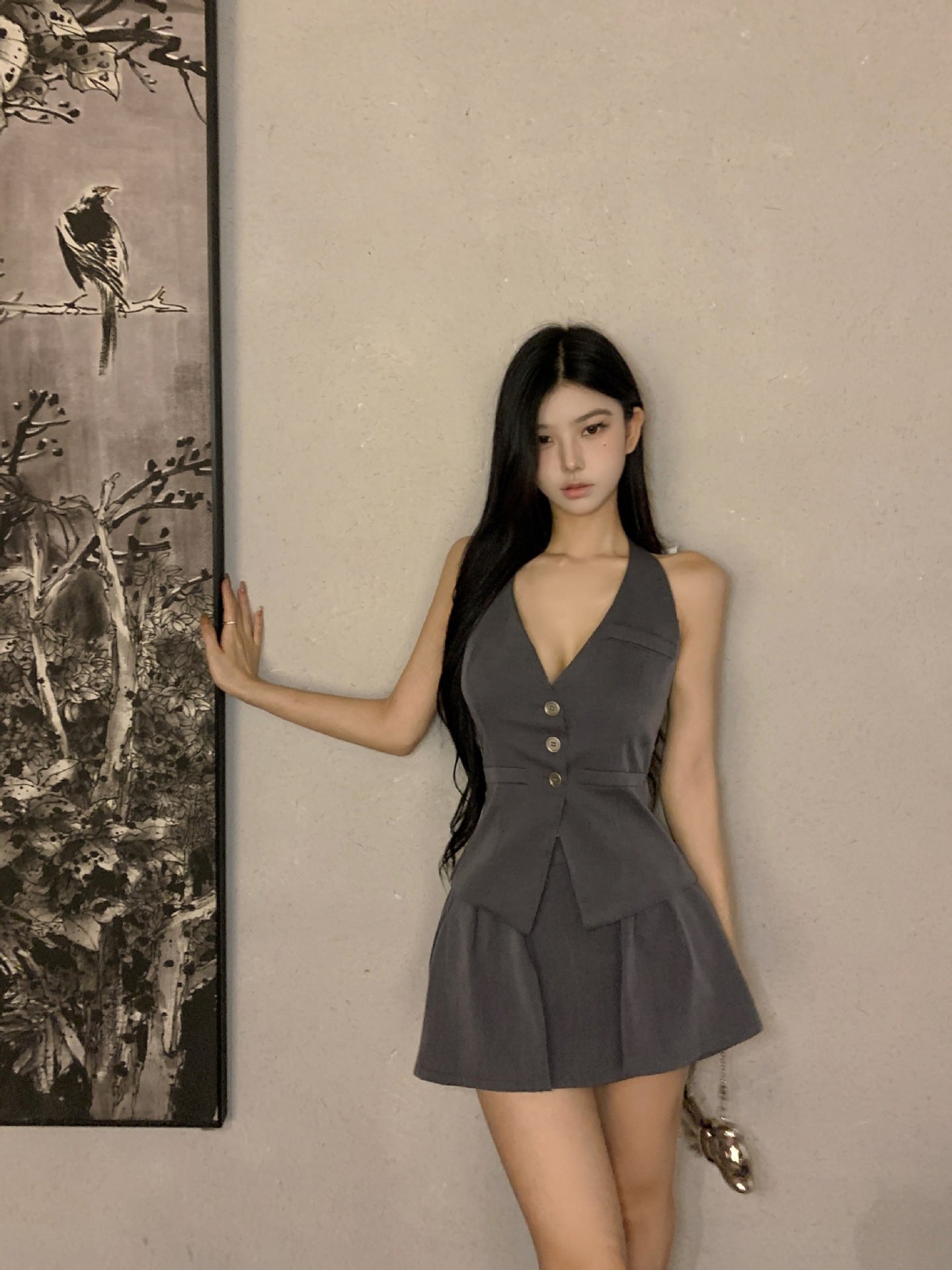 【set】リボンホルターネックチョッキ+スカート２点セットG21404