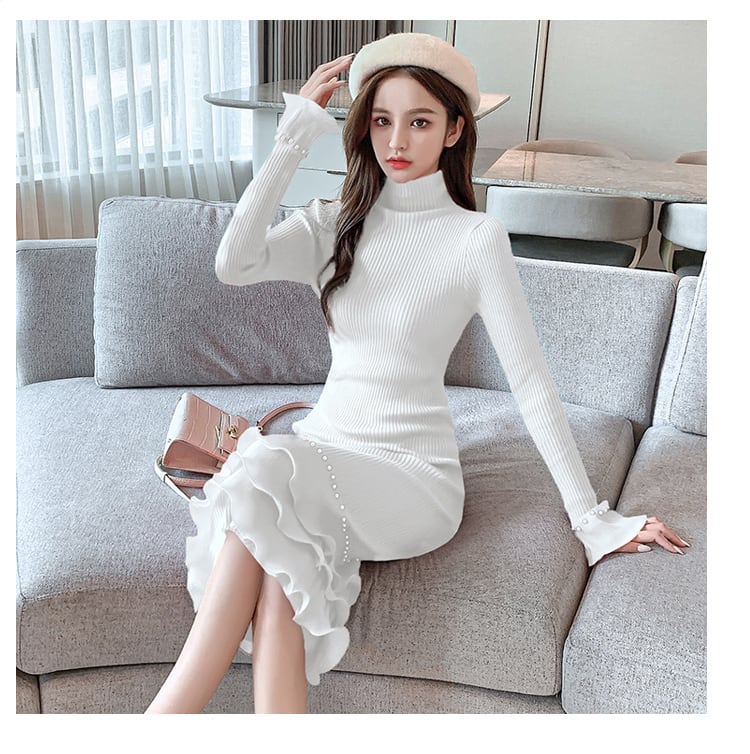 【dress】エレガント!気質満点レトロ体型カバー秋冬新作フリルニットワンピース G3729