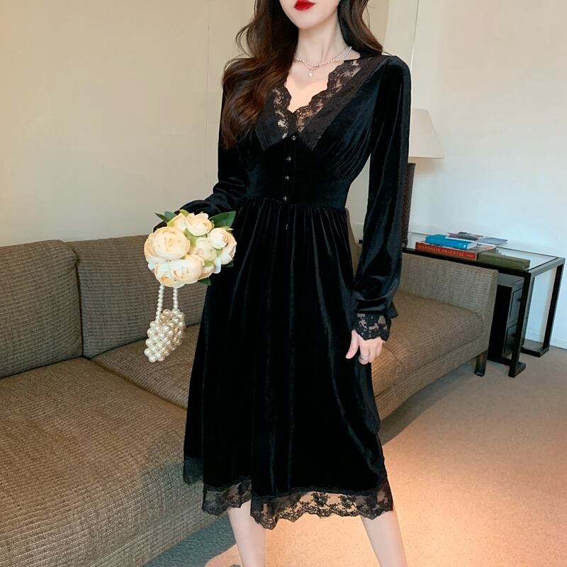 【dress】上品な質感エレガント気質満点オシャレレース切り替え着痩せワンピース G3140