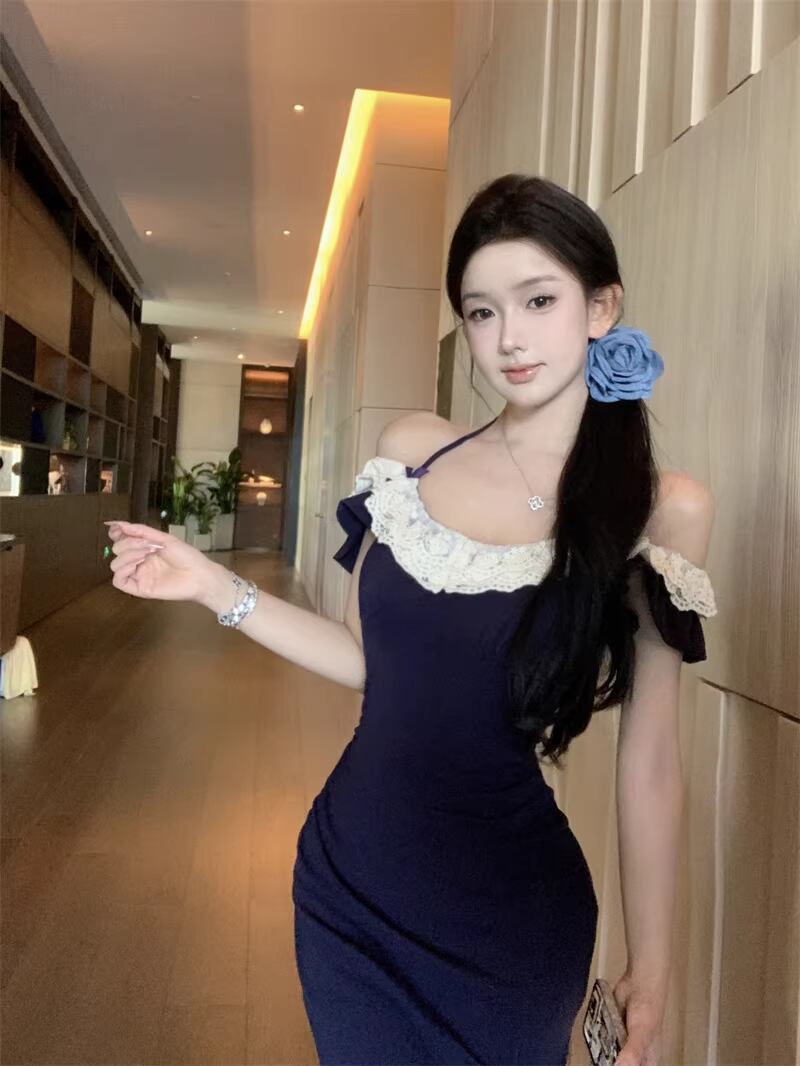 【dress】スリット入れレースドッキングロングワンピース Q8315