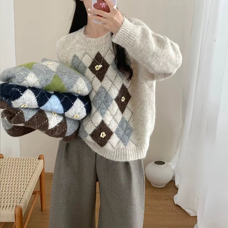【tops】アーガイルチェックニットトップス Q7145