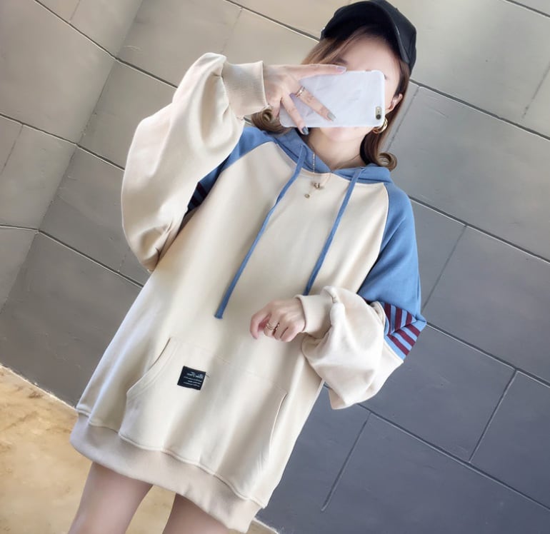 【tops】韓国ファッション長袖フード付き配色ゆったりカジュアルパーカーW0368