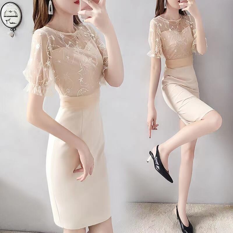 【dress】気質溢れる♪エレガントOL通勤ラウンドネックラッパ袖レース切り替えデートワンピースF2026