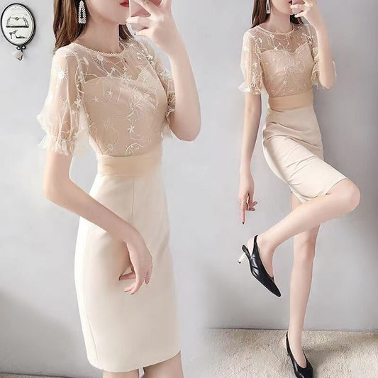 【dress】気質溢れる♪エレガントOL通勤ラウンドネックラッパ袖レース切り替えデートワンピースF2026