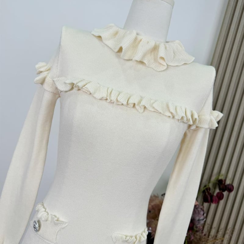 【dress】ギャザーフリルニットワンピース Q7631