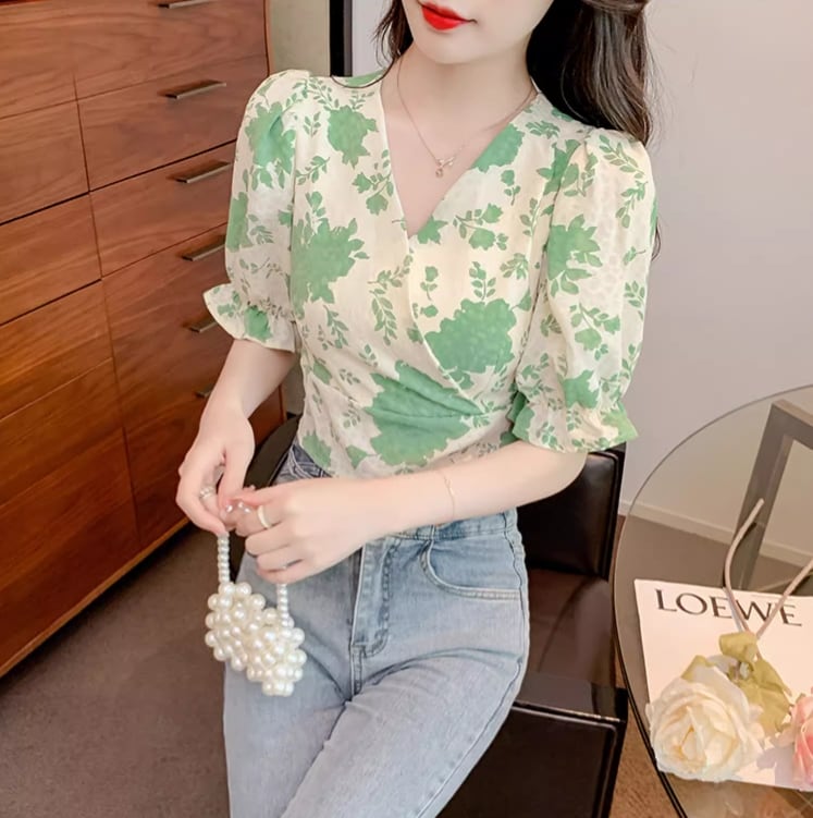 【tops】Vネック花柄ブラウスG20927