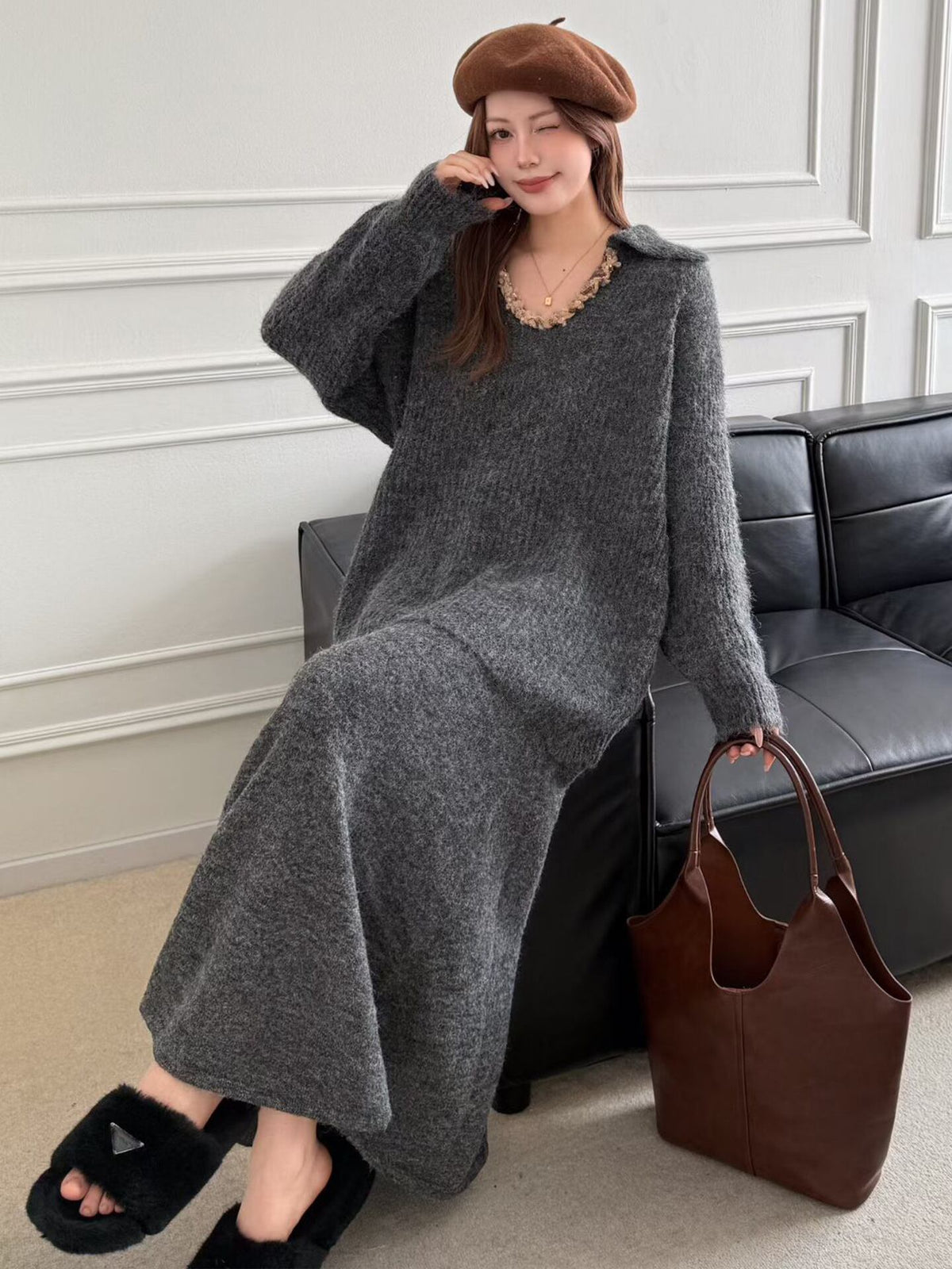 【set】Vネックニットトップス×ロングスカートセット Q7278