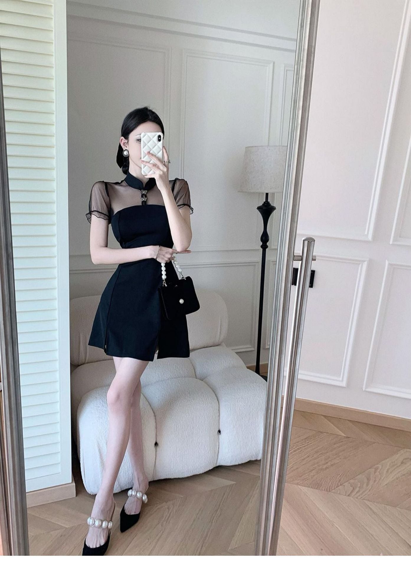 【dress】メッシュ切り替えスリットワンピース G21310