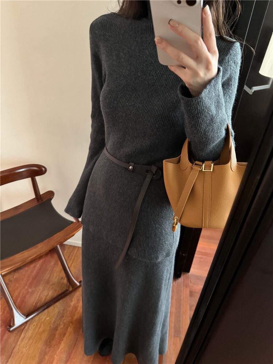 【set】ハイネックニットトップス×スカートセットベルト付き　M27928