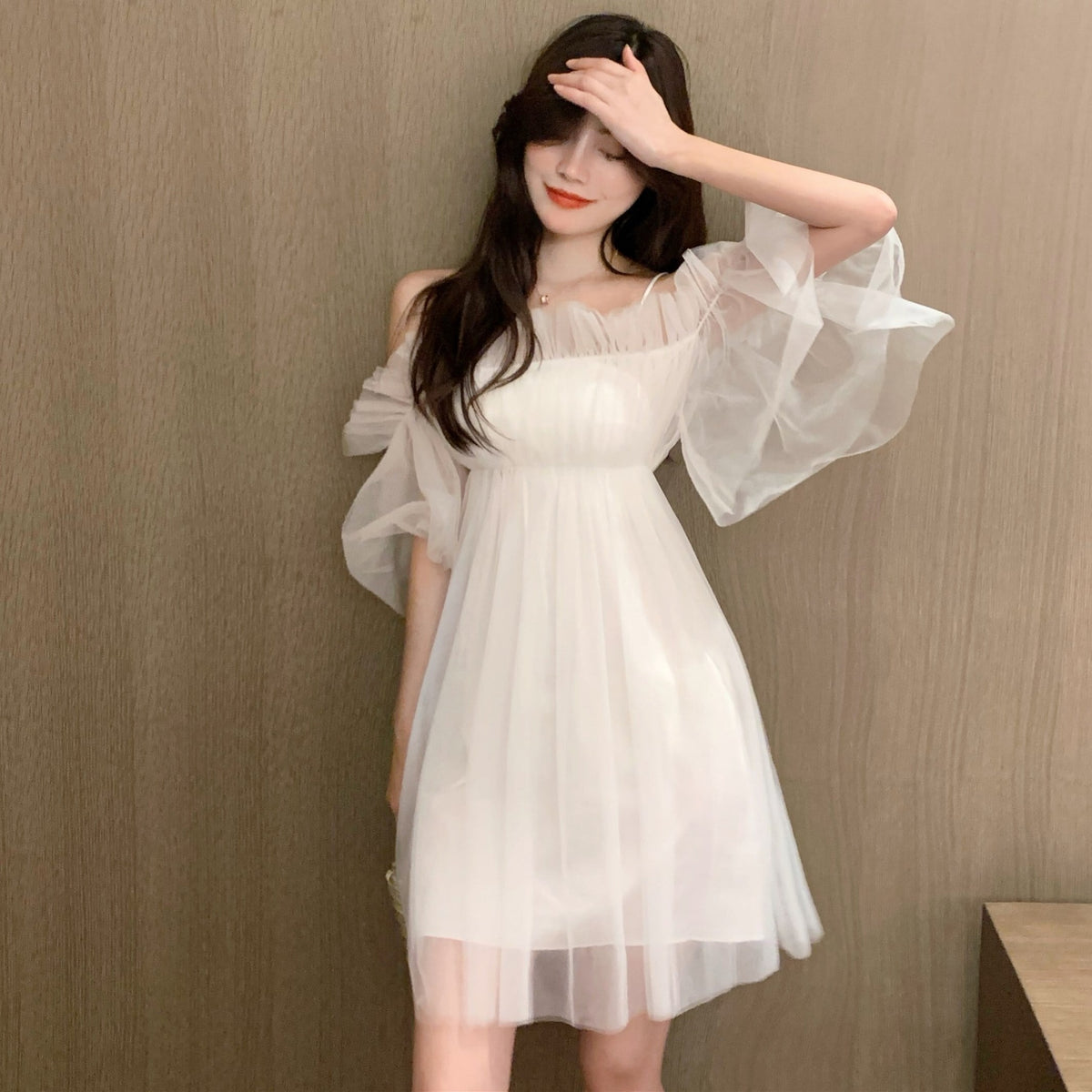 【dress】ギャザーオフショルチュールワンピース　N2666