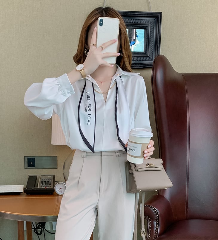 【tops】韓国ファッションラペル長袖無地ファッション着回しOL通勤シャツF0664
