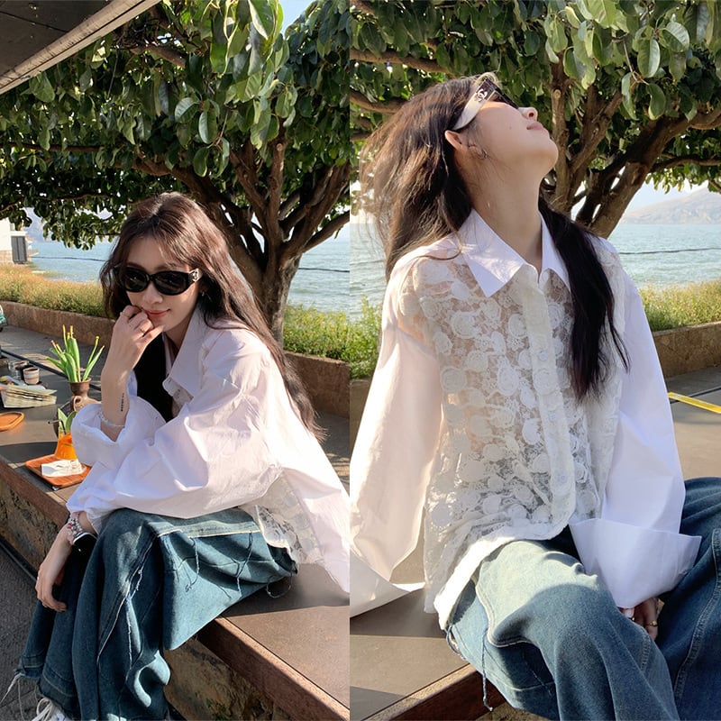 【tops】レース切り替えシャツブラウス　M29788