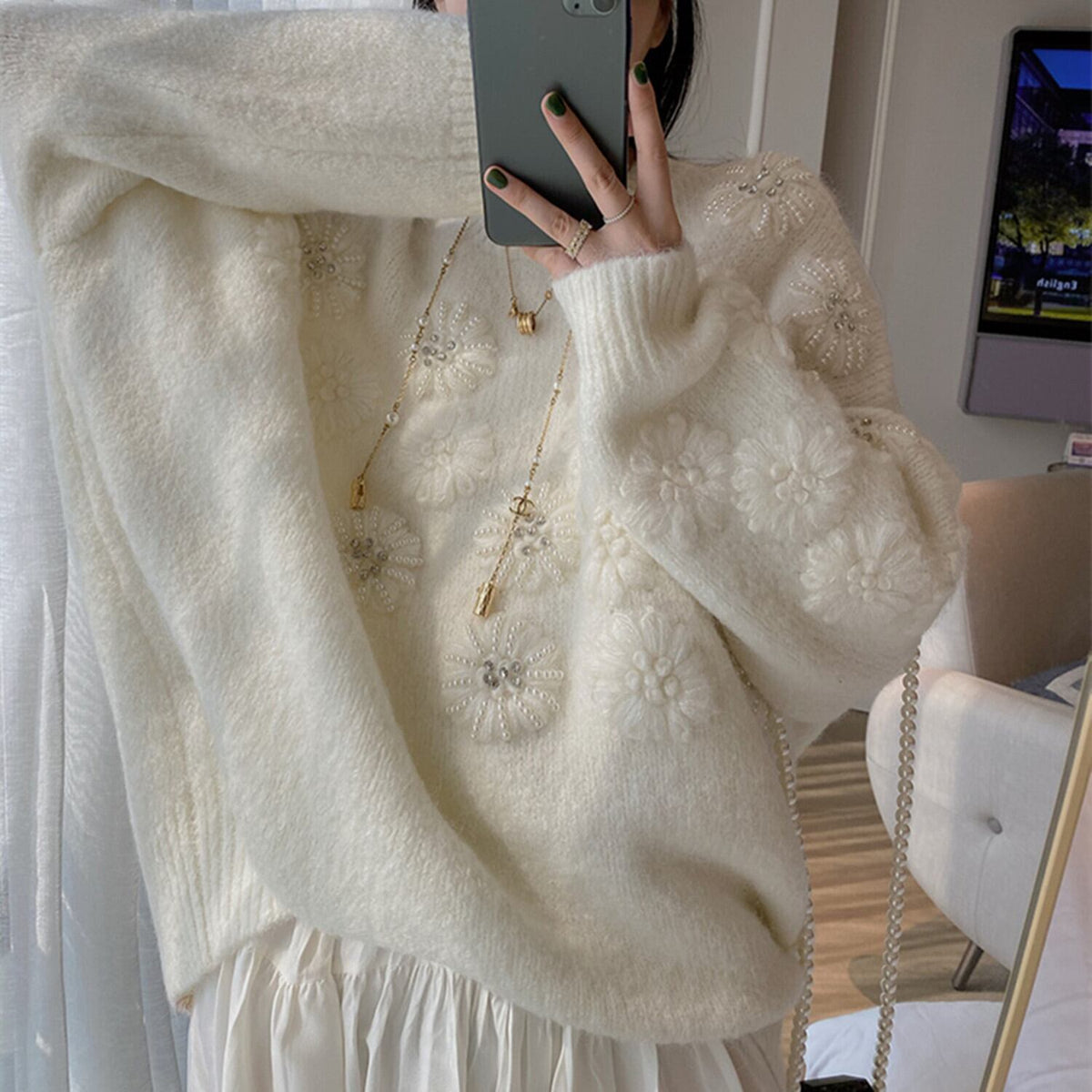 【tops】立体フラワーパールニットトップス　N2807