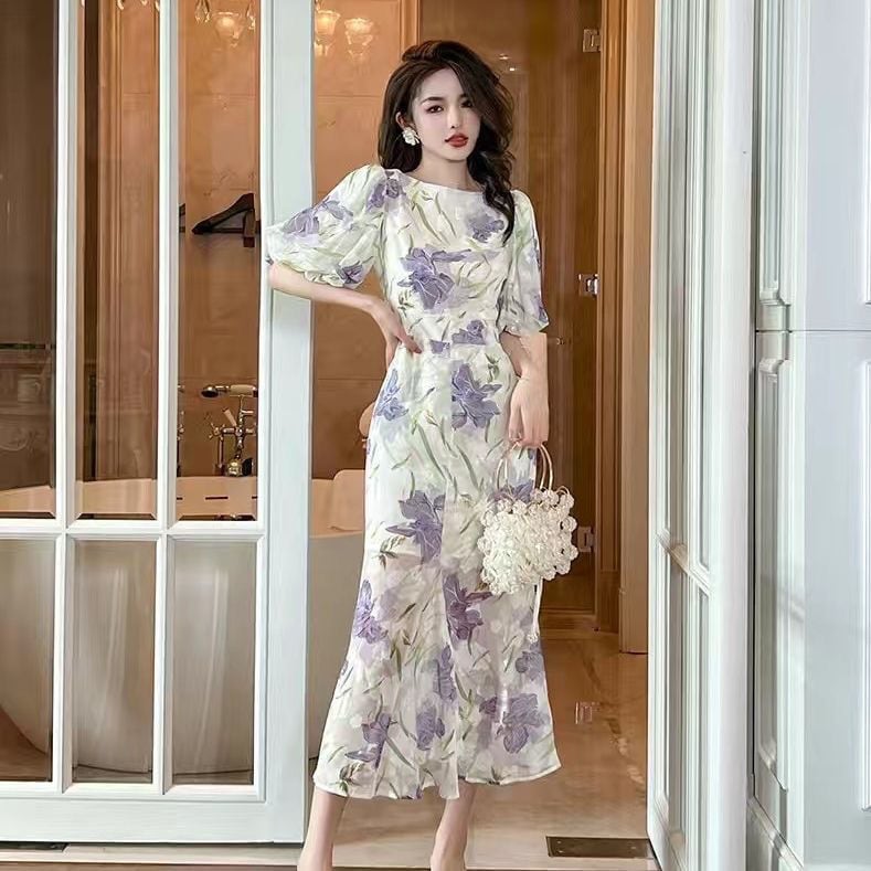 【dress】オシャレ度満点〜OL通勤夏新作ラウンドネック半袖パフ袖花柄配色ワンピースF5441