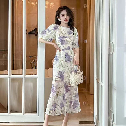 【dress】オシャレ度満点〜OL通勤夏新作ラウンドネック半袖パフ袖花柄配色ワンピースF5441