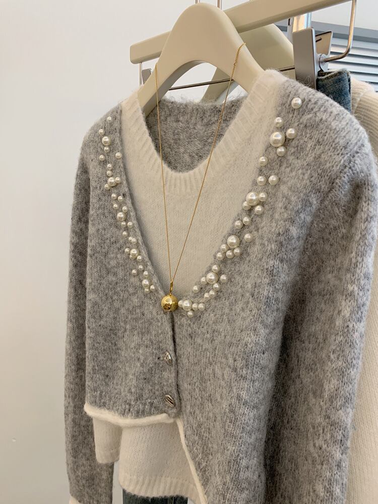 【tops】パールドッキングニットセーター　M29136