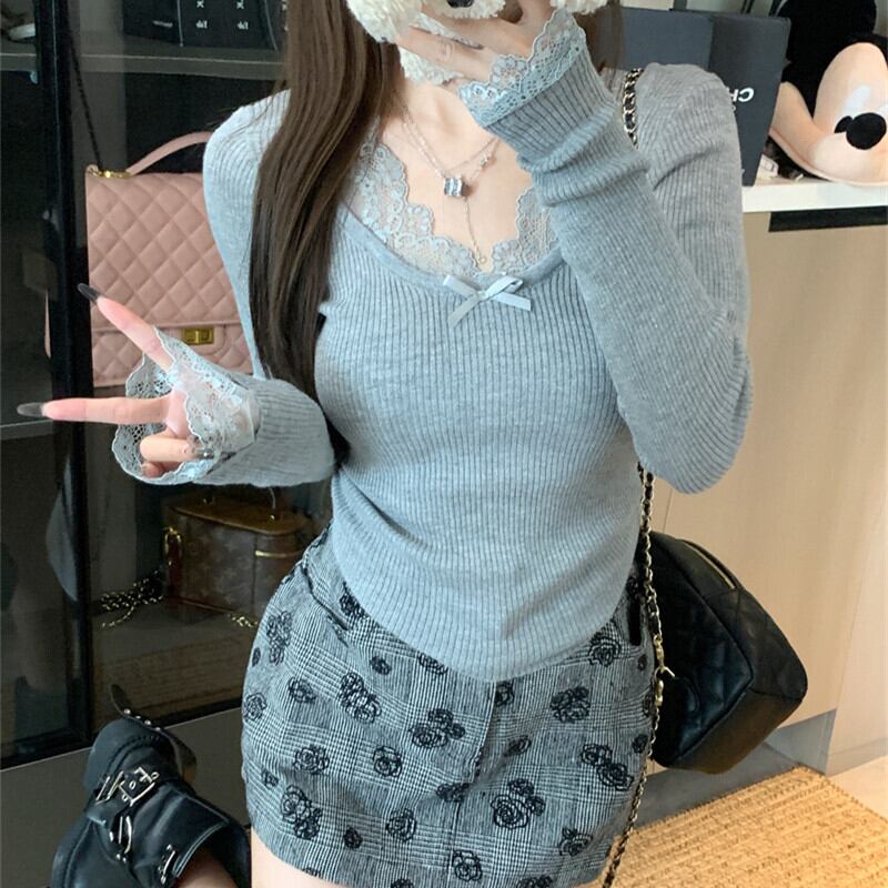 【tops】レースドッキングニットトップス　N2897