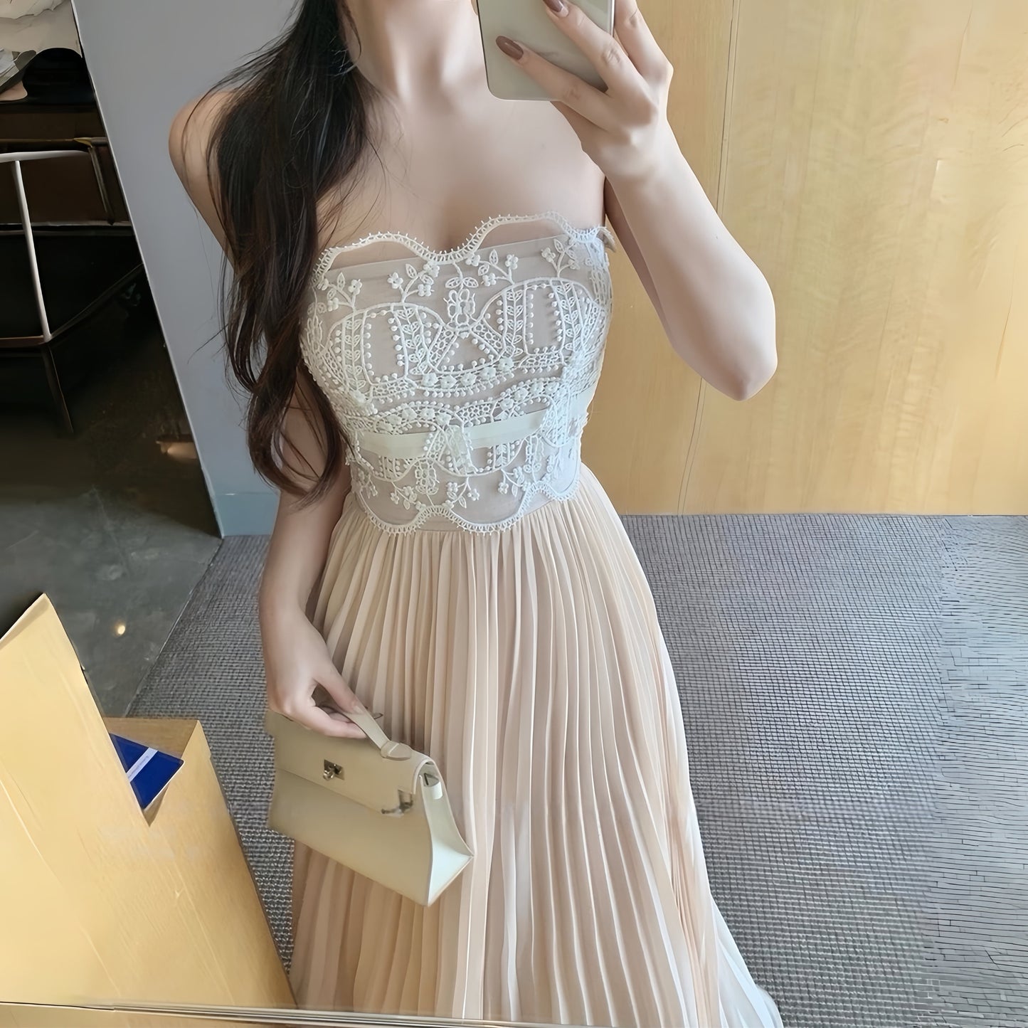 【dress】レースドッキングプリーツロングワンピース N3526