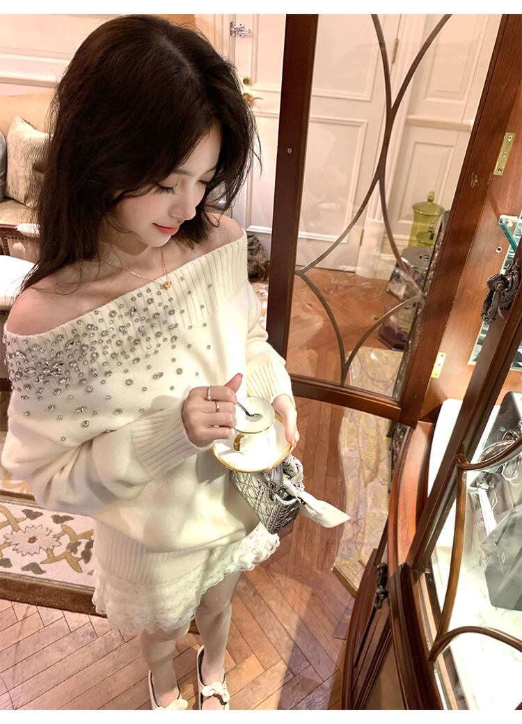 【tops】オフショルビジューニットトップス N3425