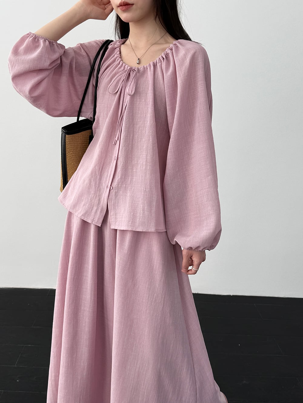 【set】リボン付きトップス×ロングスカートセット Q8324