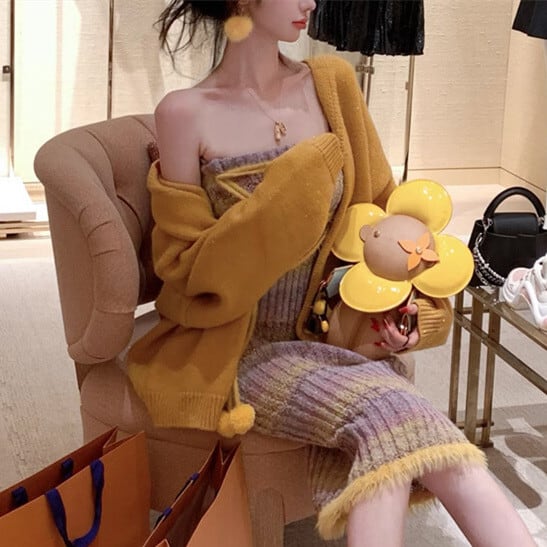 【set】ニットカーデ×キャミワンピースセット　M28483