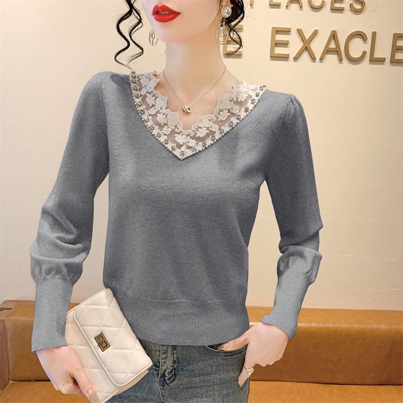 【tops】Vネックレース切り替えニットトップス　M28260