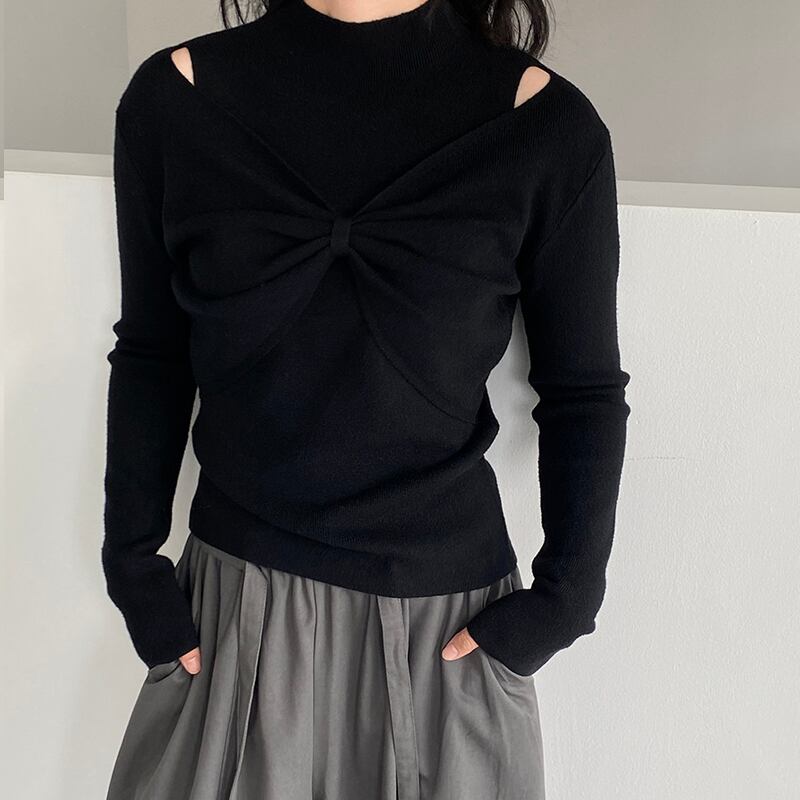 【tops】リボンフェイクレイヤードニットトップス Q7240