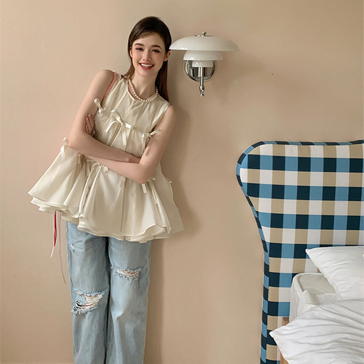 【tops】リボンペプラムノースリーブトップス　N3011