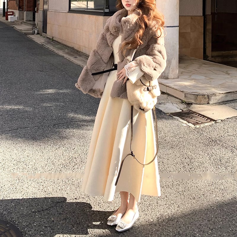 【dress】ベルト付きフレアロングニットワンピース Q7824