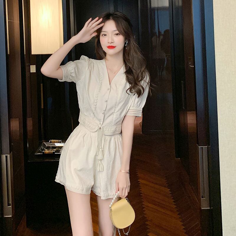 【set】Vネックトップス+ショートパンツ2点セットF7486