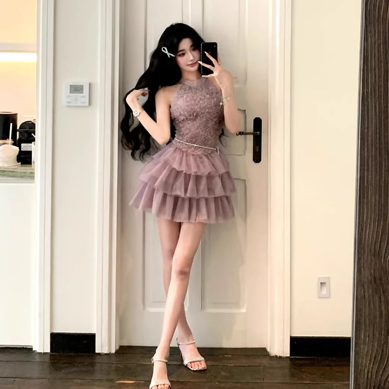 【dress】ノースリーブ立体感バラティアードワンピース Q8474