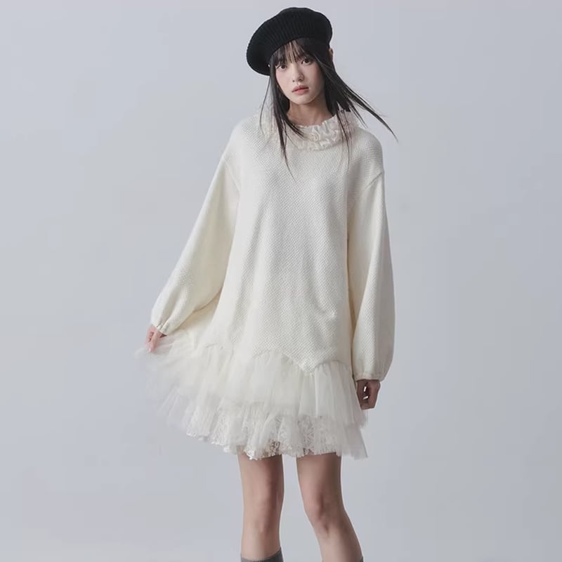 【dress】チュールドッキングフリルネックニットワンピース Q7965