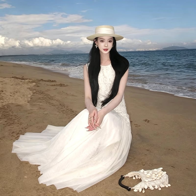 【dress】ノースリーブレースドッキングロングワンピース Q8466