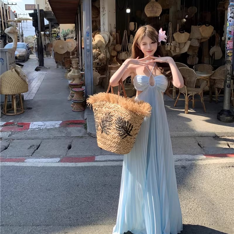 【dress】ホルターネックバックオーポンロングプリーツワンピース Q8371