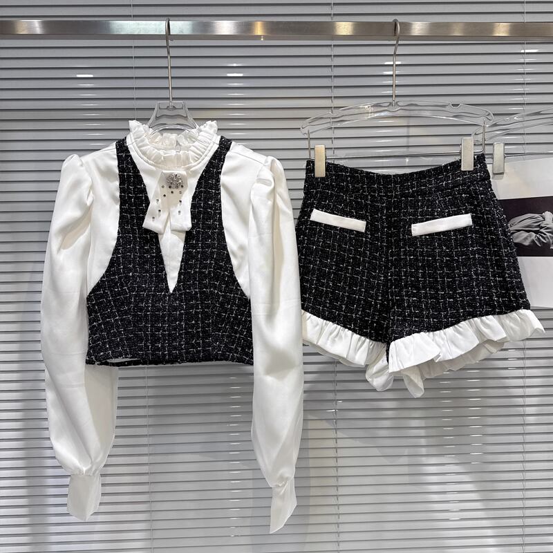 【set】フェイクレイヤードシャツ×ギャザーフリルショートパンツセット Q7571