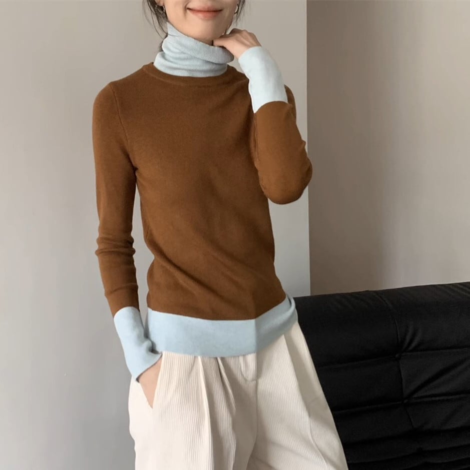 【tops】ハイネック配色ニットトップス　M28613