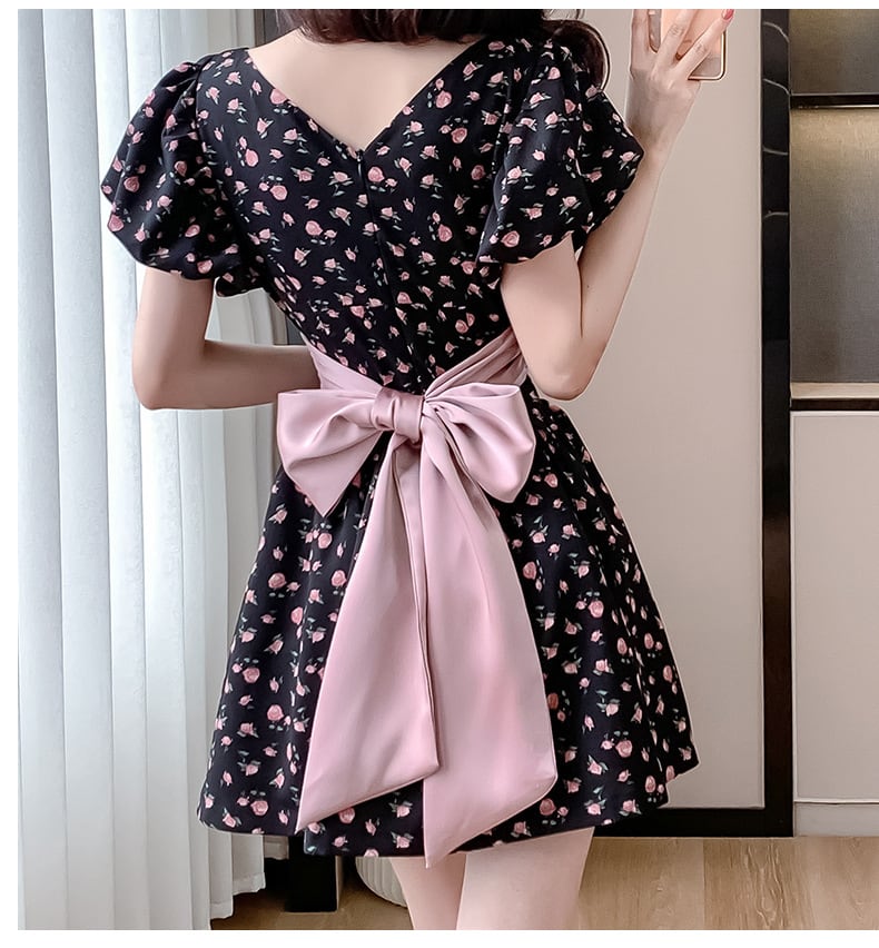 【dress】リボン付き花柄ワンピース　M24337