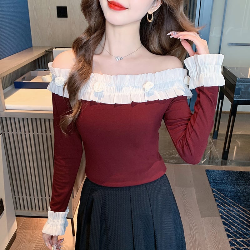 【tops】オフショルダー長袖Tシャツ　M28695