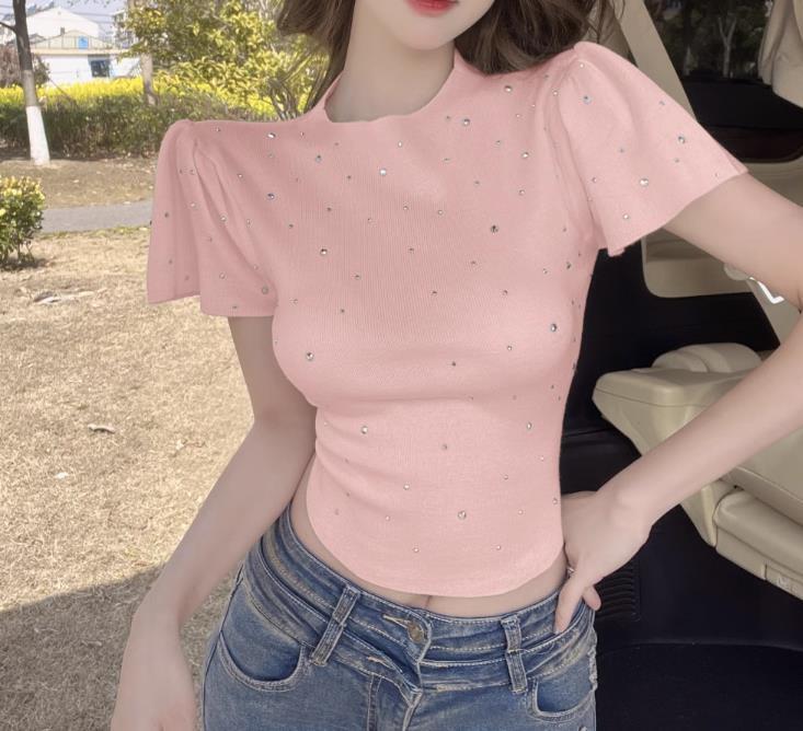 【tops】ラインストーンニットＴシャツF7428